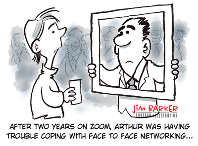 face to face networking after covid cartoon by Jim Barker cartoon illustration